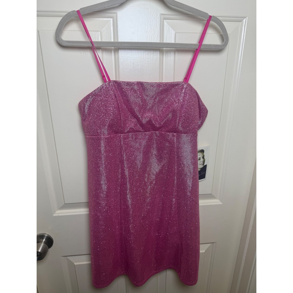 Love Nickie Lew Pink Metallic Sparkle Mini Dress Adjustable Straps Homecoming